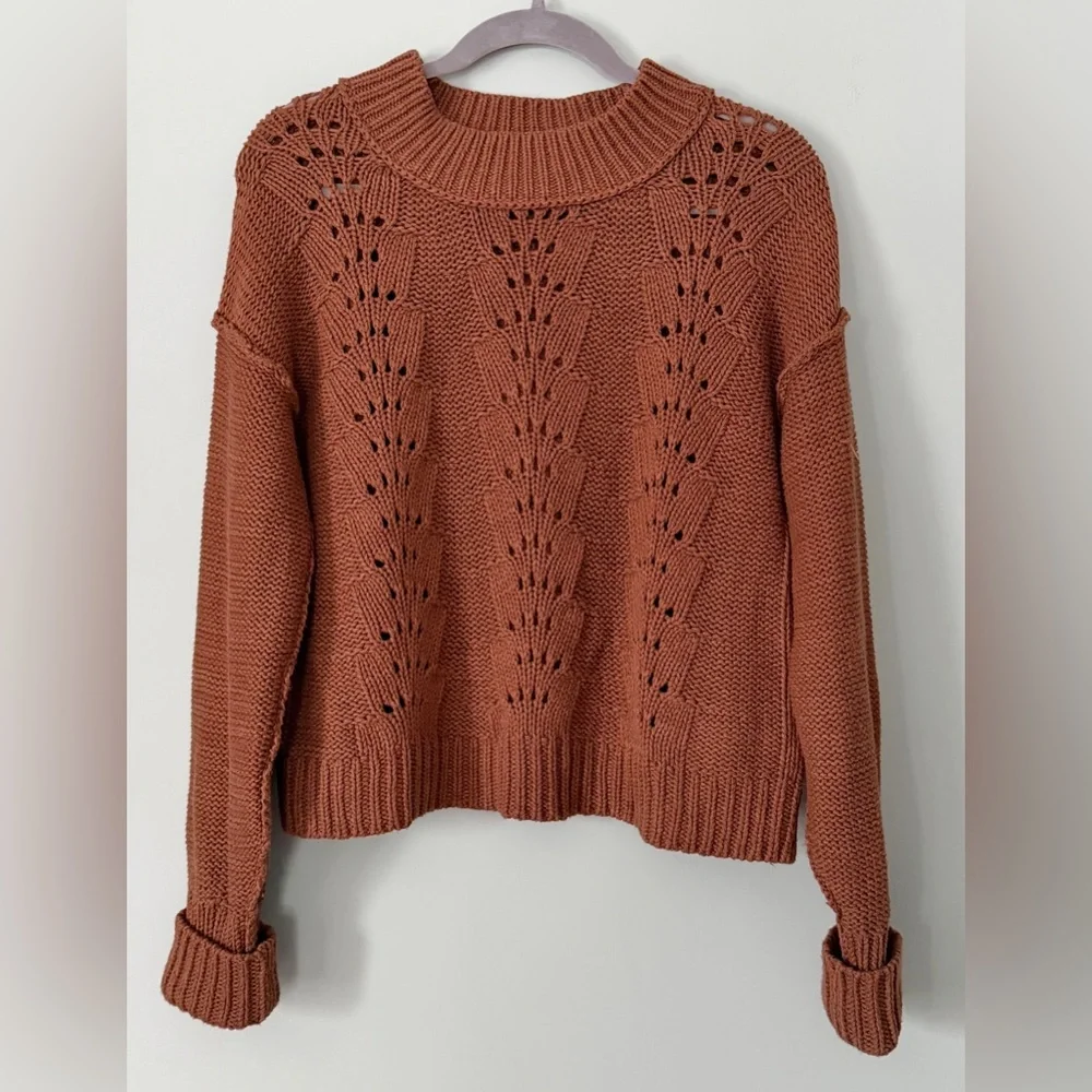Free People Bell Song‎ Crewneck Chunky Knit Sweater Brown Cotton Blend Medium